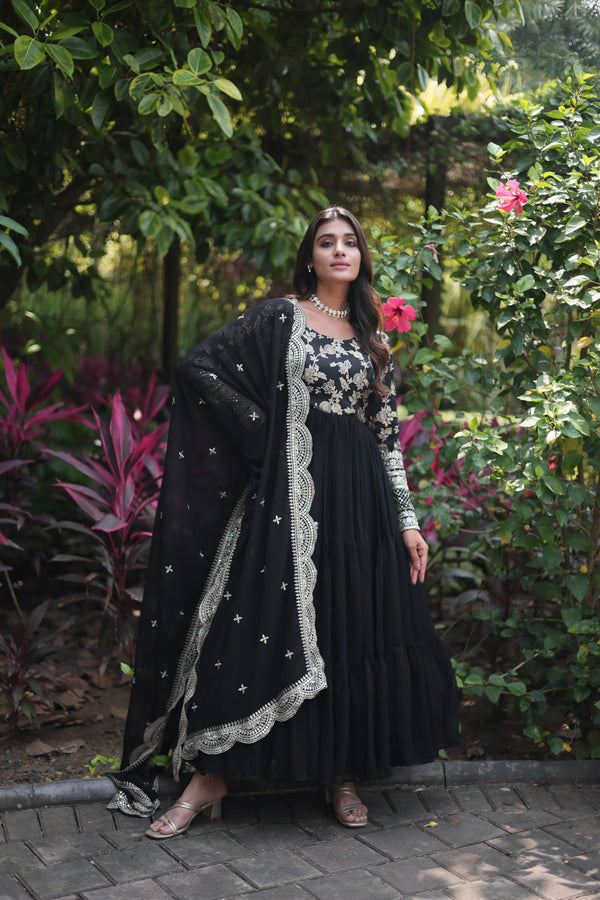 Premium Black Faux Blooming Gown with Sequins Embroidered Dupatta – Frilled Elegance