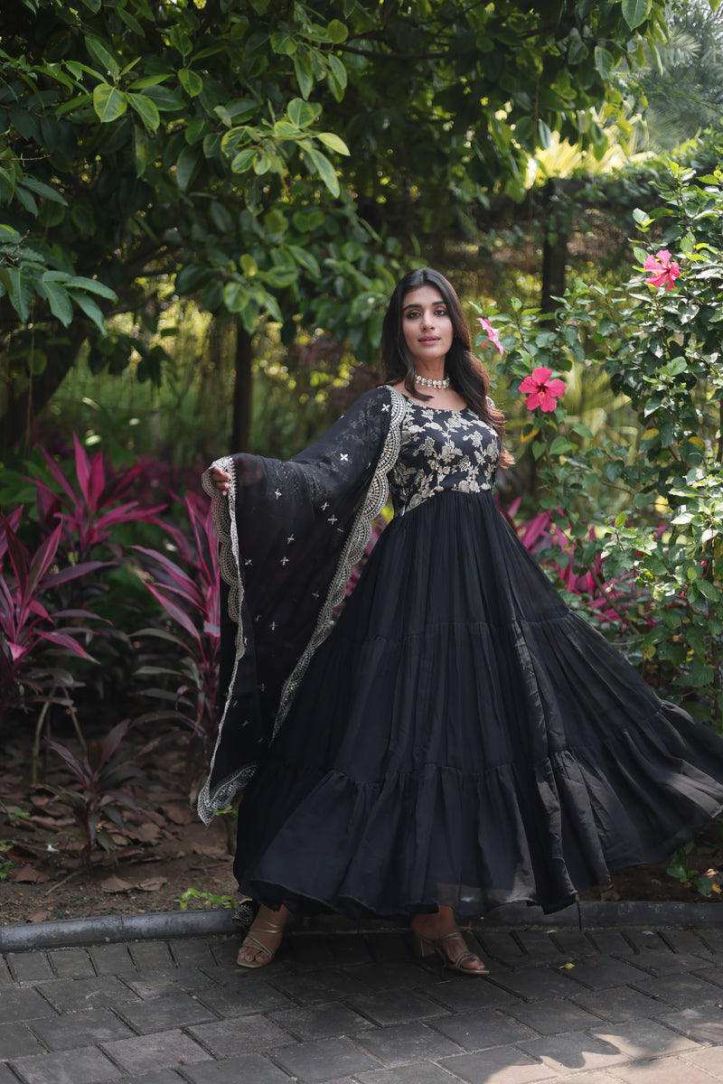 Premium Black Faux Blooming Gown with Sequins Embroidered Dupatta – Frilled Elegance