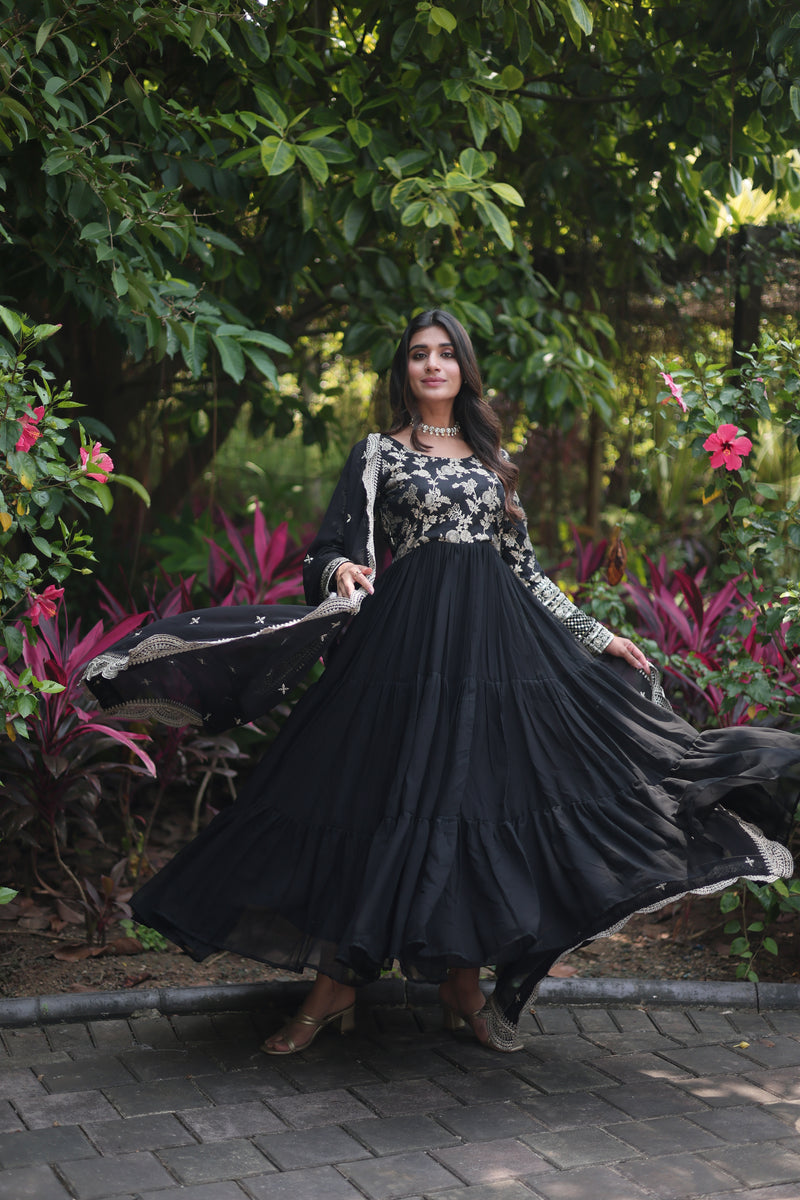 Premium Black Faux Blooming Gown with Sequins Embroidered Dupatta – Frilled Elegance