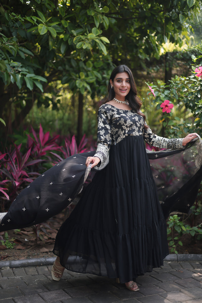 Premium Black Faux Blooming Gown with Sequins Embroidered Dupatta – Frilled Elegance