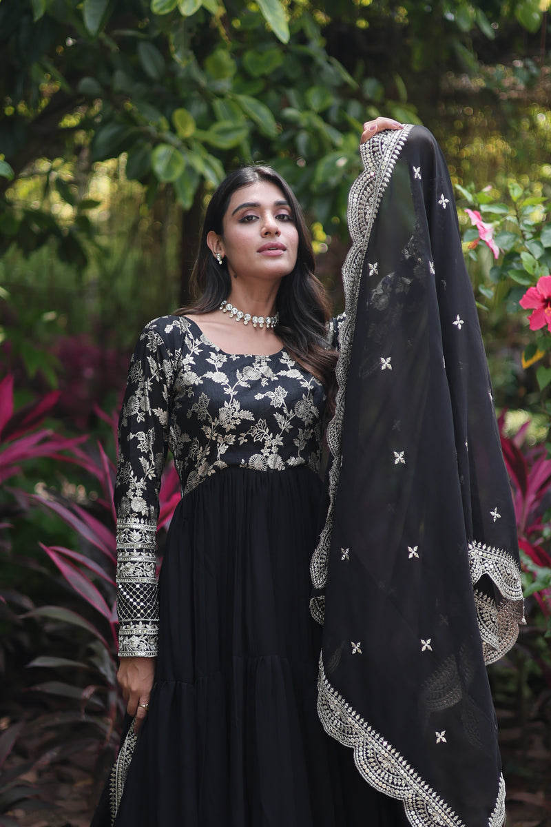 Premium Black Faux Blooming Gown with Sequins Embroidered Dupatta – Frilled Elegance