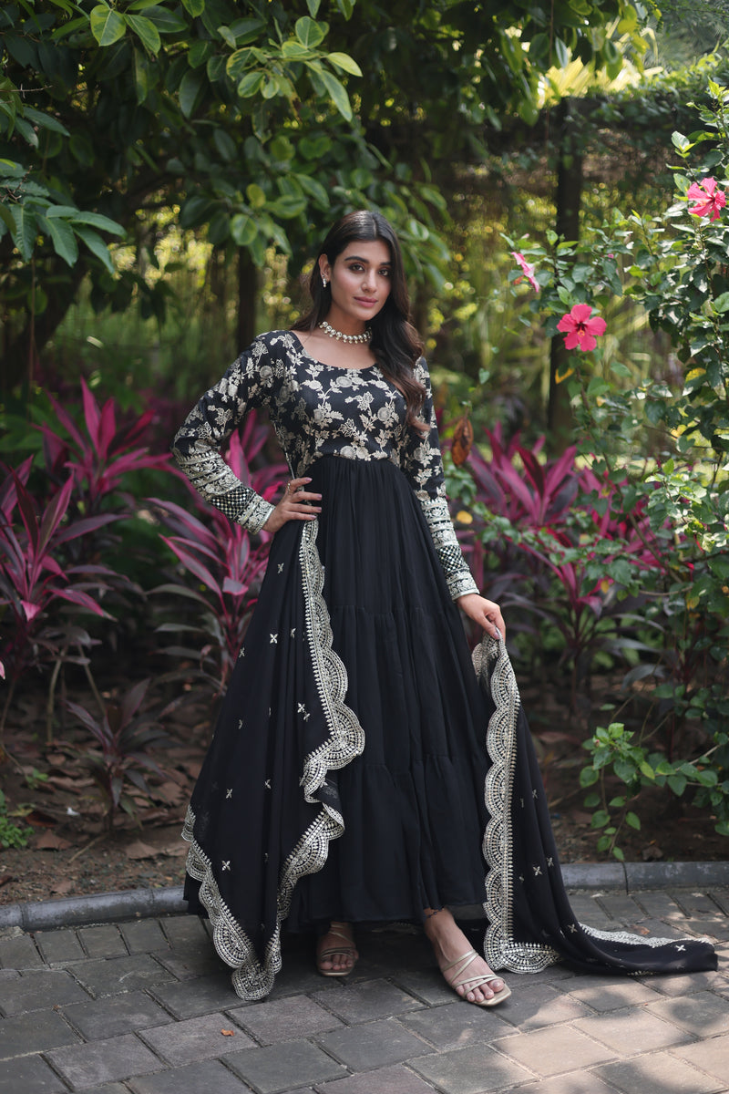 Premium Black Faux Blooming Gown with Sequins Embroidered Dupatta – Frilled Elegance