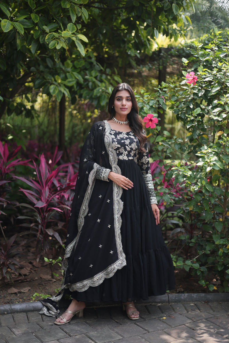 Premium Black Faux Blooming Gown with Sequins Embroidered Dupatta – Frilled Elegance