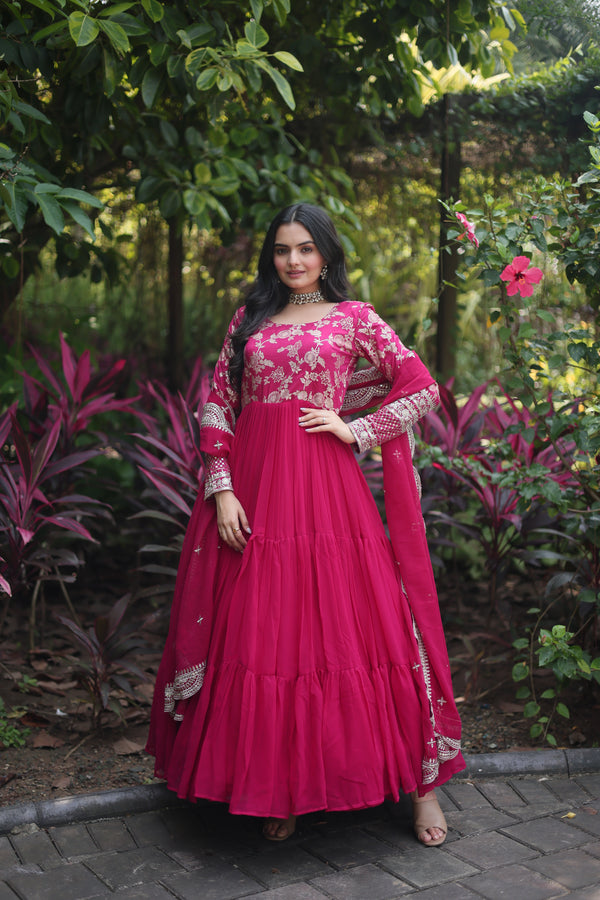 Premium Pink Faux Blooming Gown with Sequins Embroidered Dupatta – Frilled Elegance