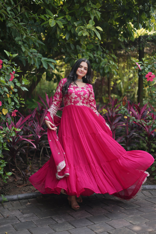 Premium Pink Faux Blooming Gown with Sequins Embroidered Dupatta – Frilled Elegance