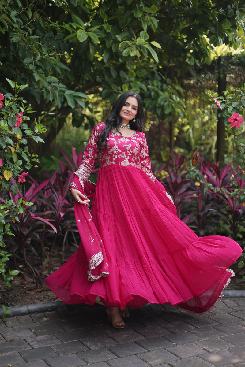 Premium Pink Faux Blooming Gown with Sequins Embroidered Dupatta – Frilled Elegance