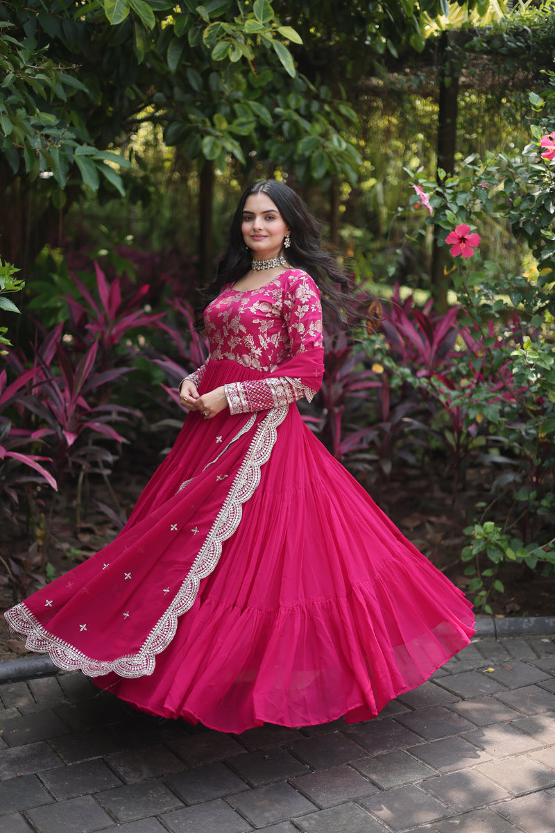 Premium Pink Faux Blooming Gown with Sequins Embroidered Dupatta – Frilled Elegance