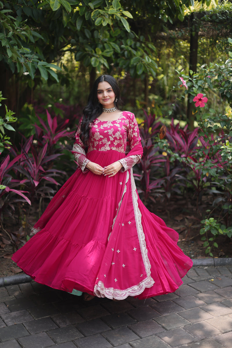 Premium Pink Faux Blooming Gown with Sequins Embroidered Dupatta – Frilled Elegance