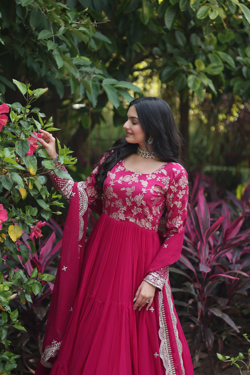 Premium Pink Faux Blooming Gown with Sequins Embroidered Dupatta – Frilled Elegance