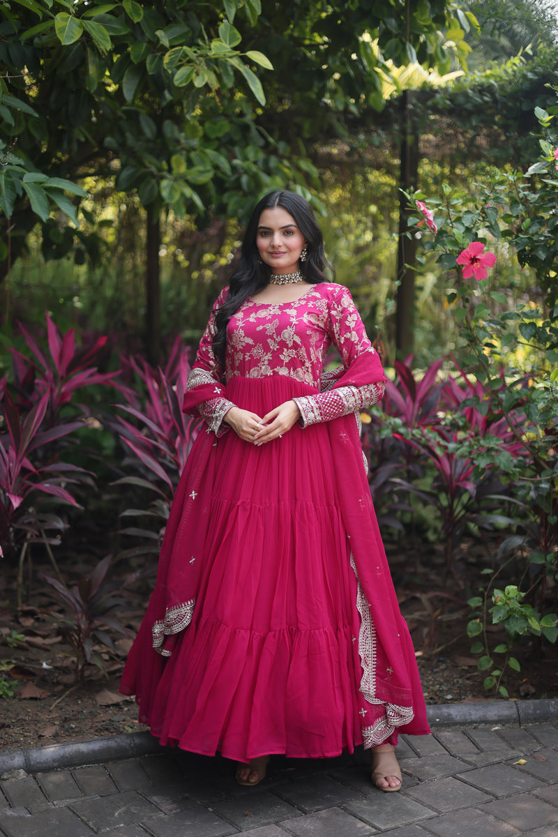 Premium Pink Faux Blooming Gown with Sequins Embroidered Dupatta – Frilled Elegance