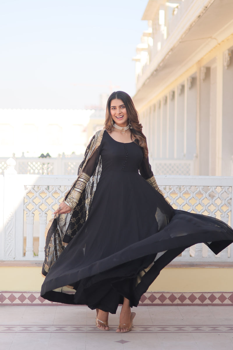 Luxurious Black Faux Blooming Gown with Dupatta – Multi-Sequins Charm