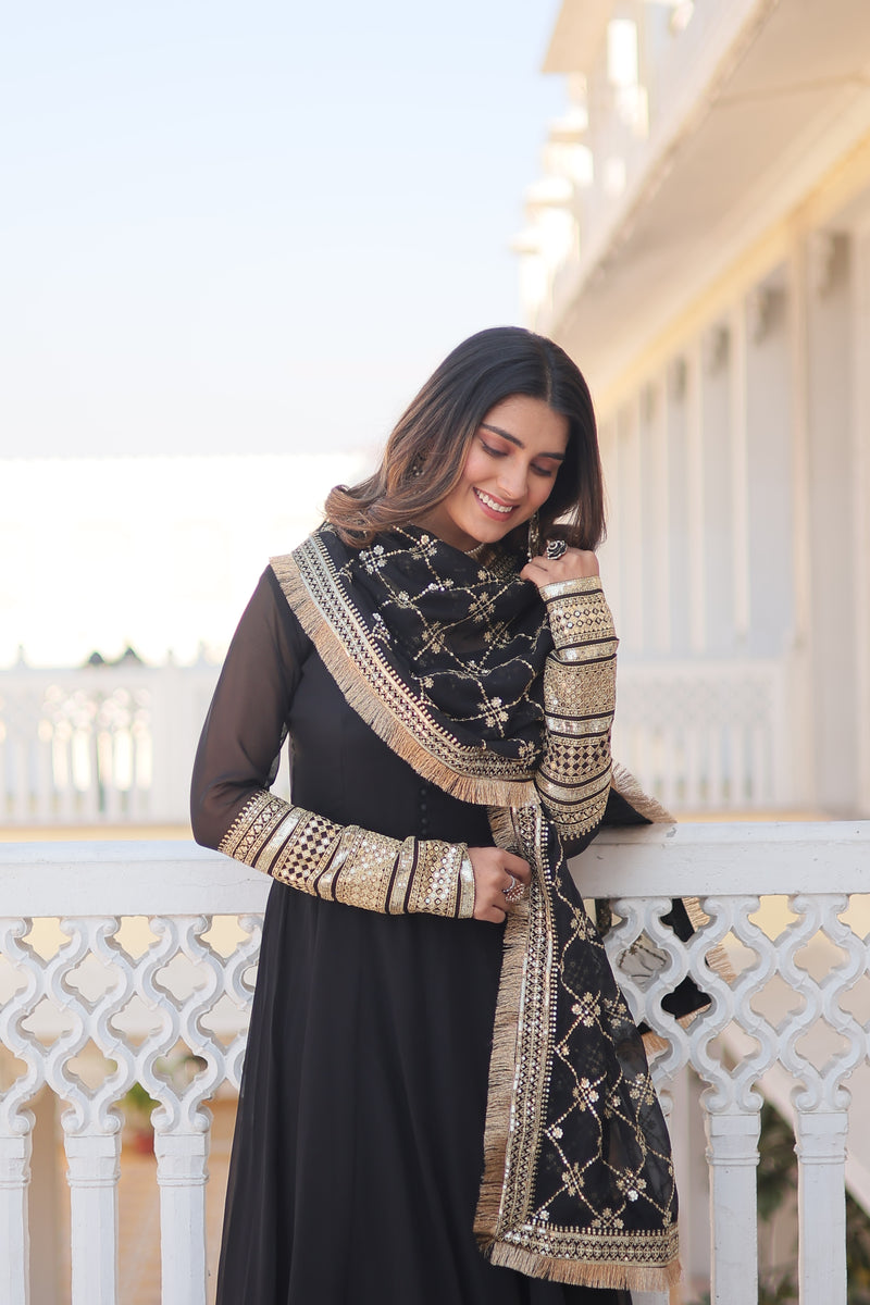 Luxurious Black Faux Blooming Gown with Dupatta – Multi-Sequins Charm