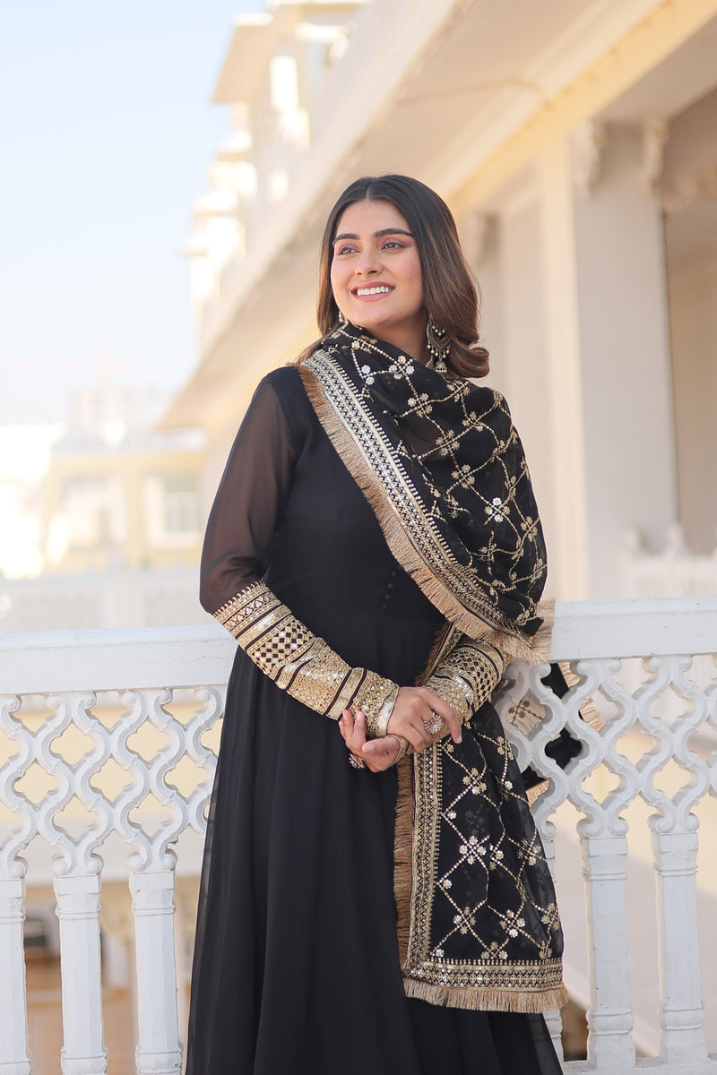 Luxurious Black Faux Blooming Gown with Dupatta – Multi-Sequins Charm