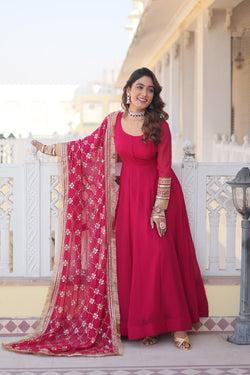 Premium Pink Faux Blooming Gown with Dupatta – Embroidered Elegance