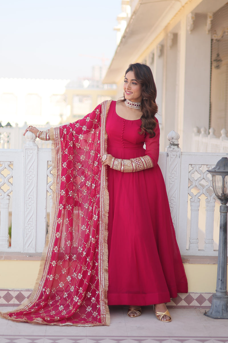 Premium Pink Faux Blooming Gown with Dupatta – Embroidered Elegance