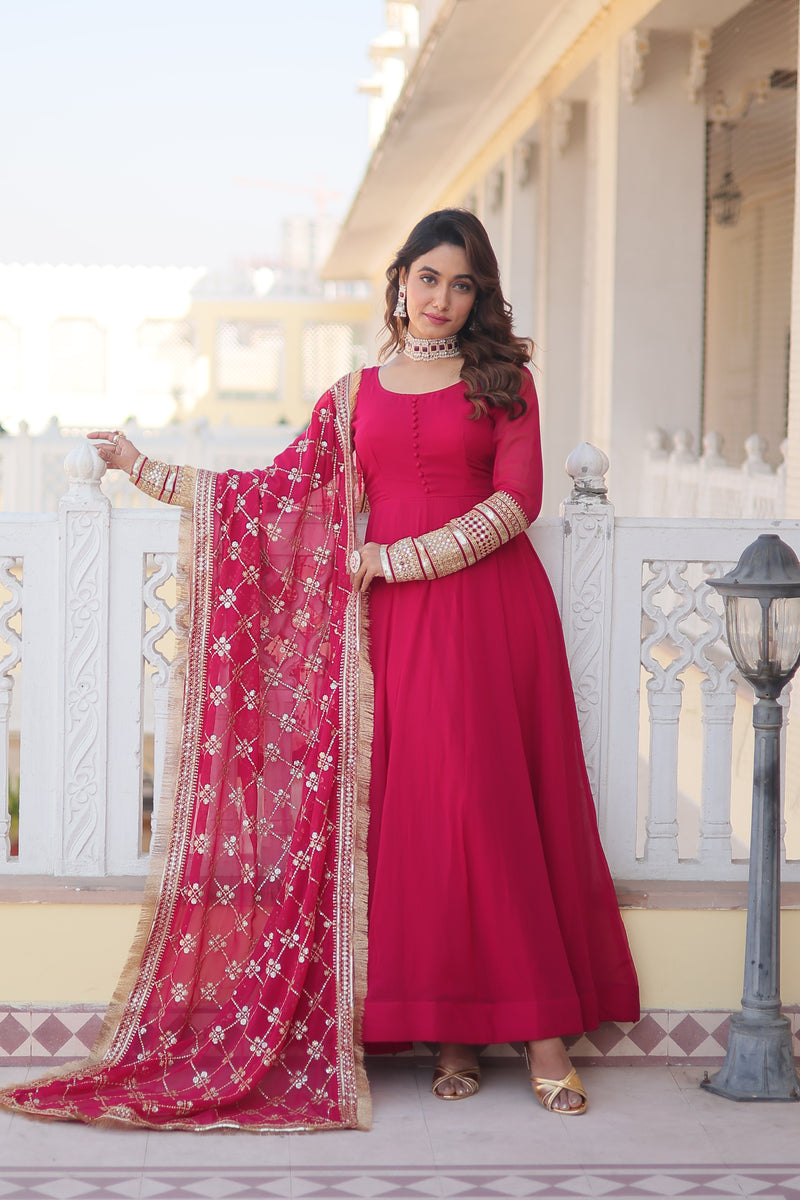 Premium Pink Faux Blooming Gown with Dupatta – Embroidered Elegance