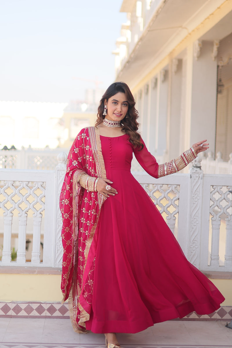 Premium Pink Faux Blooming Gown with Dupatta – Embroidered Elegance