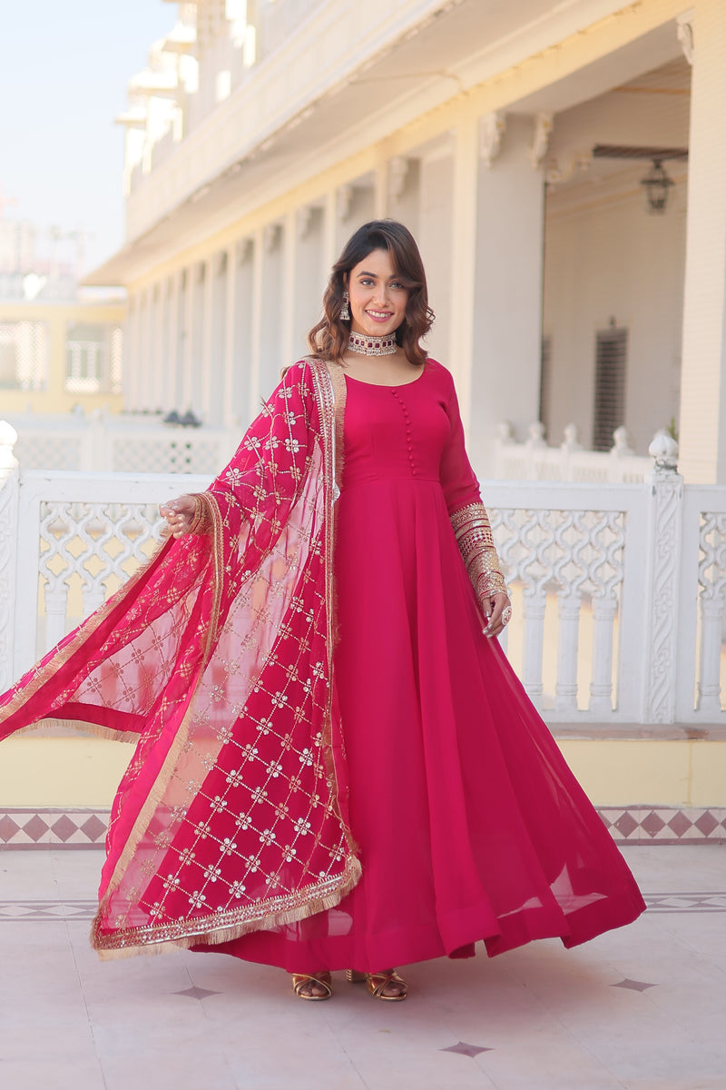 Premium Pink Faux Blooming Gown with Dupatta – Embroidered Elegance