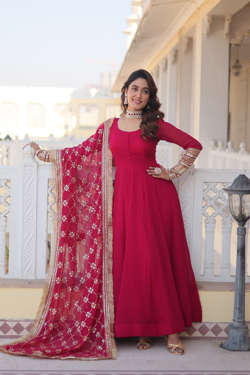 Premium Pink Faux Blooming Gown with Dupatta – Embroidered Elegance