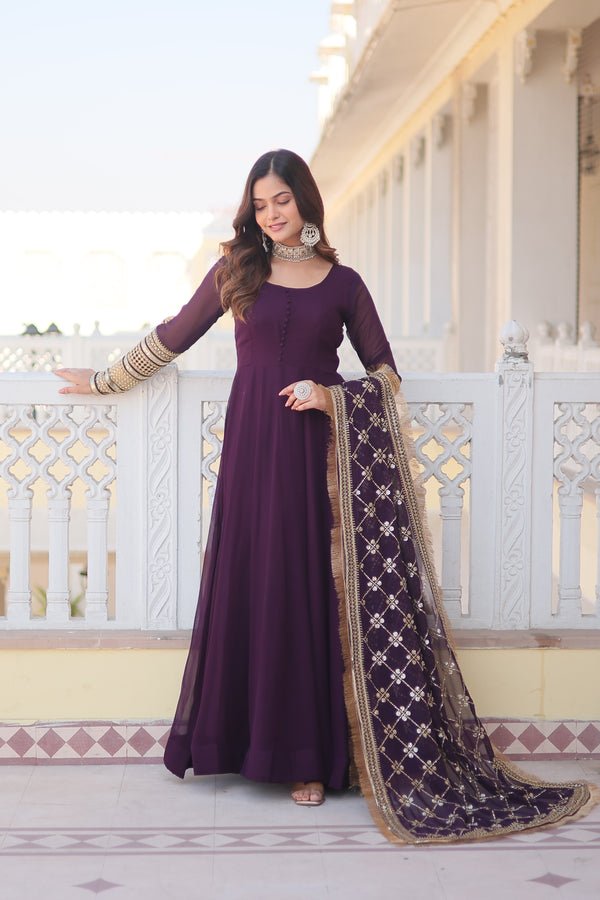 Elegant Wine Faux Blooming Gown with Dupatta – Designer Kali Flair