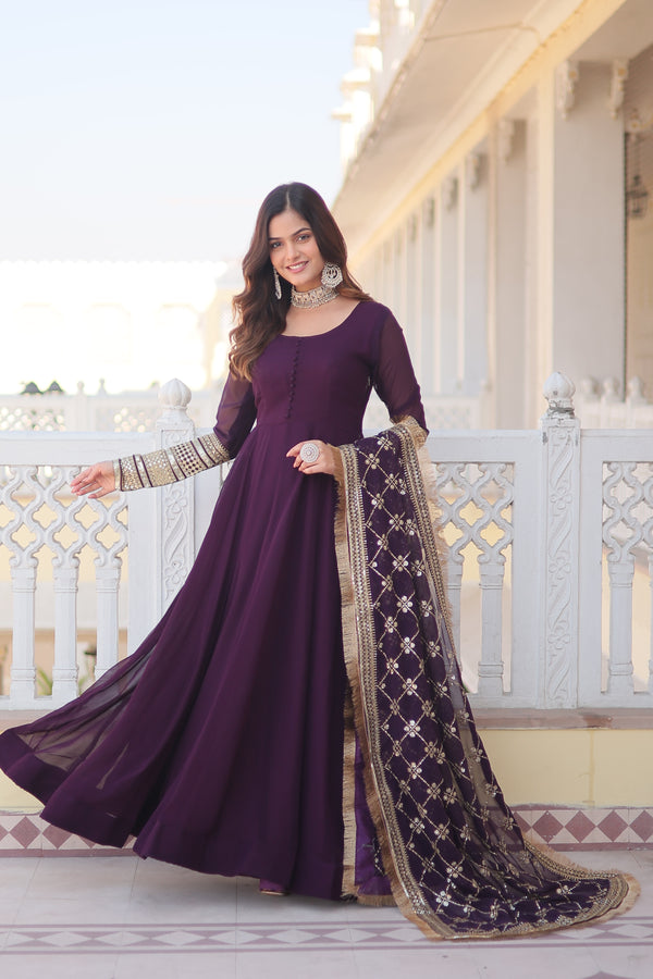 Elegant Wine Faux Blooming Gown with Dupatta – Designer Kali Flair