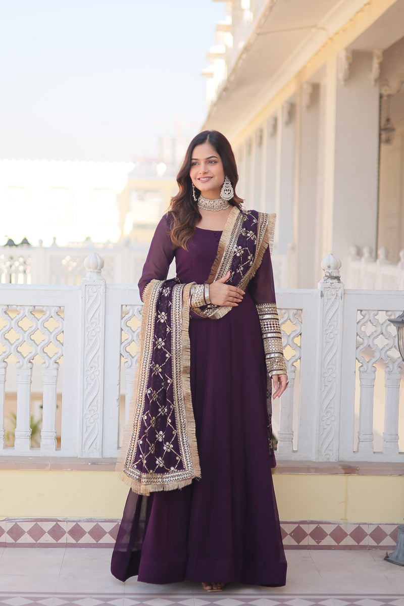 Elegant Wine Faux Blooming Gown with Dupatta – Designer Kali Flair