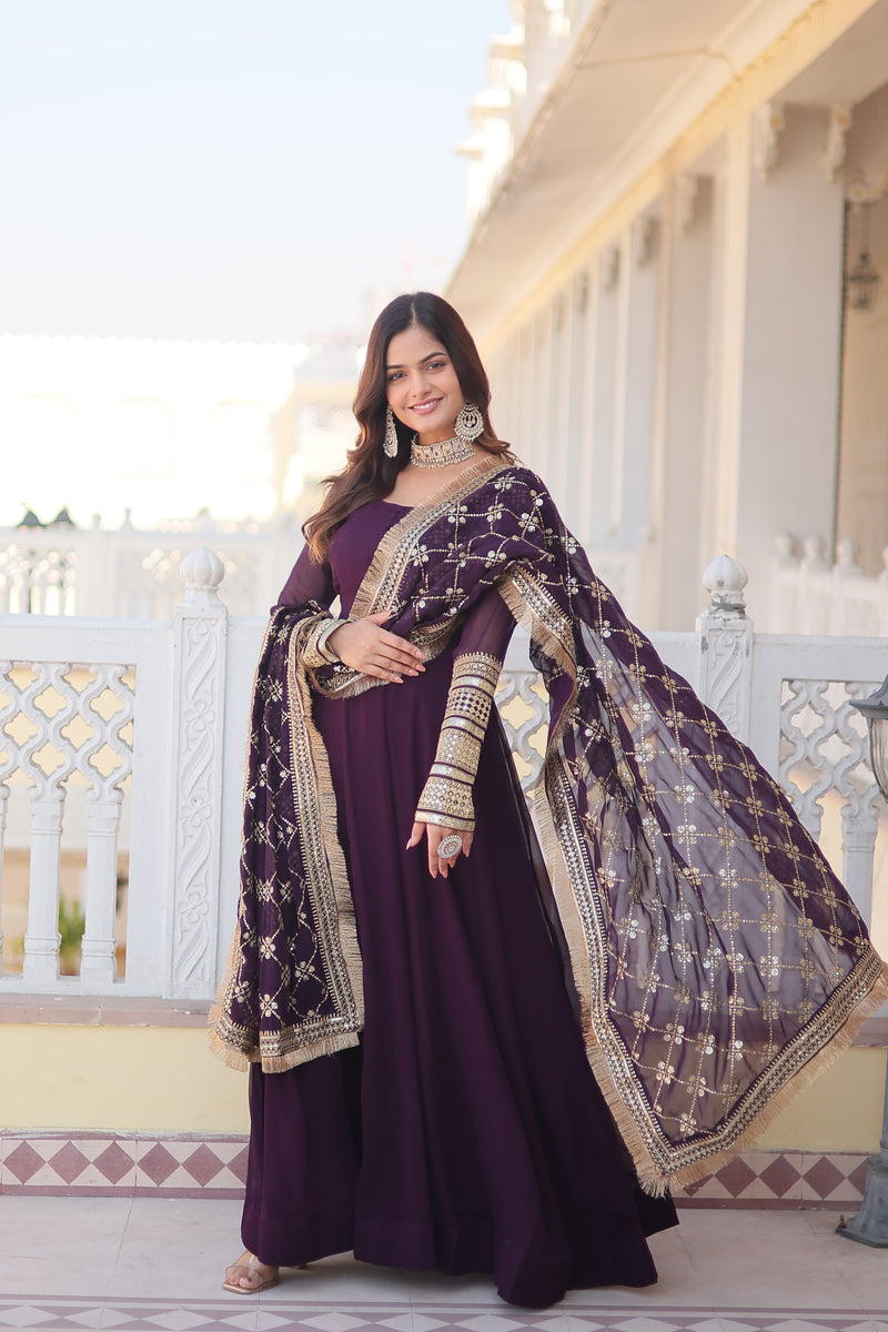 Elegant Wine Faux Blooming Gown with Dupatta – Designer Kali Flair