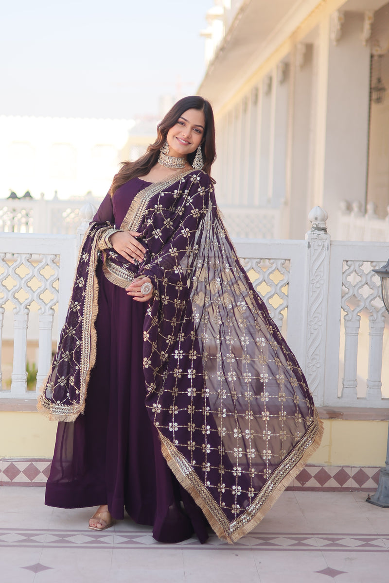 Elegant Wine Faux Blooming Gown with Dupatta – Designer Kali Flair