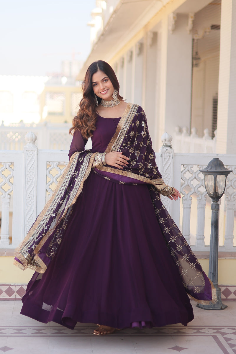 Elegant Wine Faux Blooming Gown with Dupatta – Designer Kali Flair