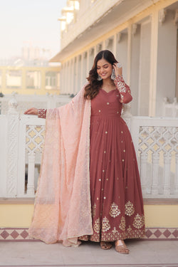 Premium Designer Faux Georgette Gown with Dupatta – Zari Thread & Sequins Embroidery