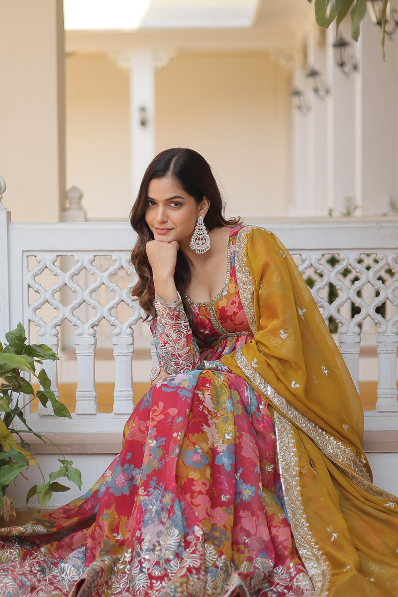 Premium Digital Printed Russian Silk Gown with Dupatta – Alia Cut Design