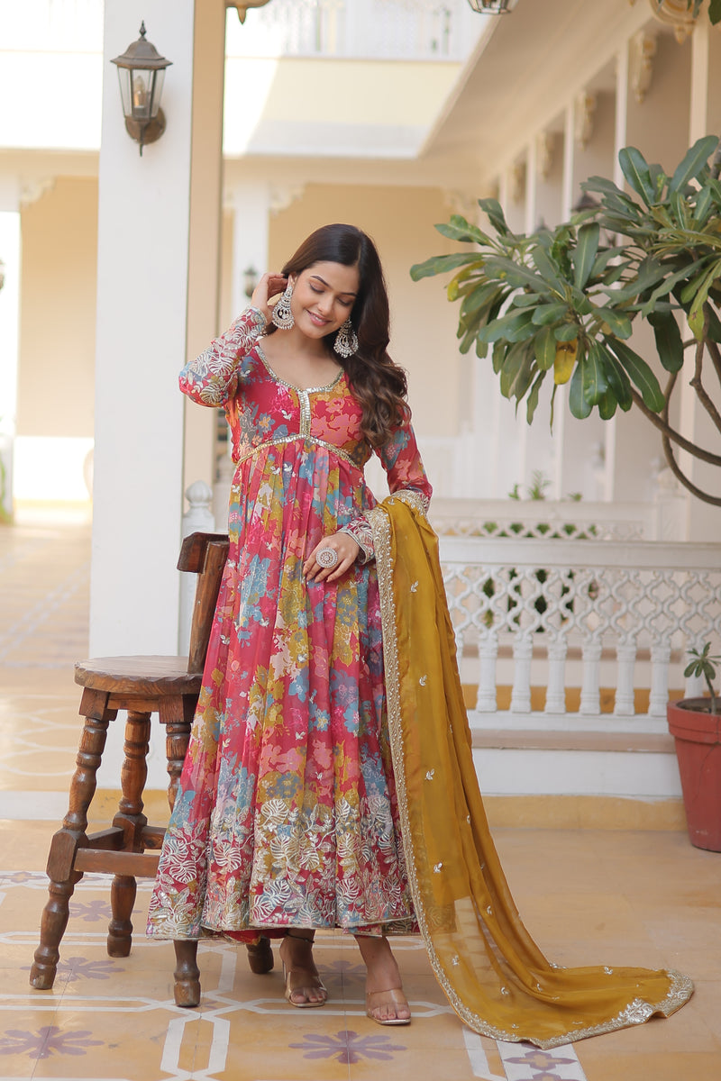 Premium Digital Printed Russian Silk Gown with Dupatta – Alia Cut Design