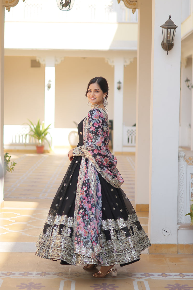 Premium Black Faux Georgette Designer Gown with Tabby Silk Dupatta