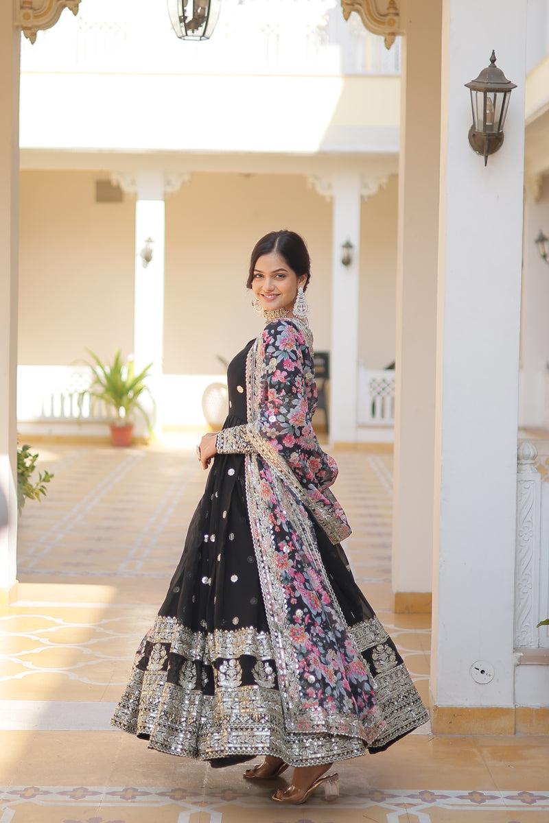 Premium Black Faux Georgette Designer Gown with Tabby Silk Dupatta