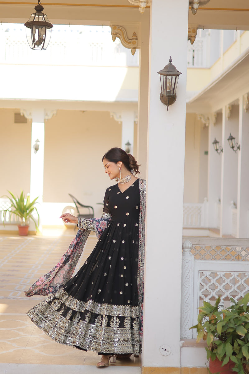 Premium Black Faux Georgette Designer Gown with Tabby Silk Dupatta