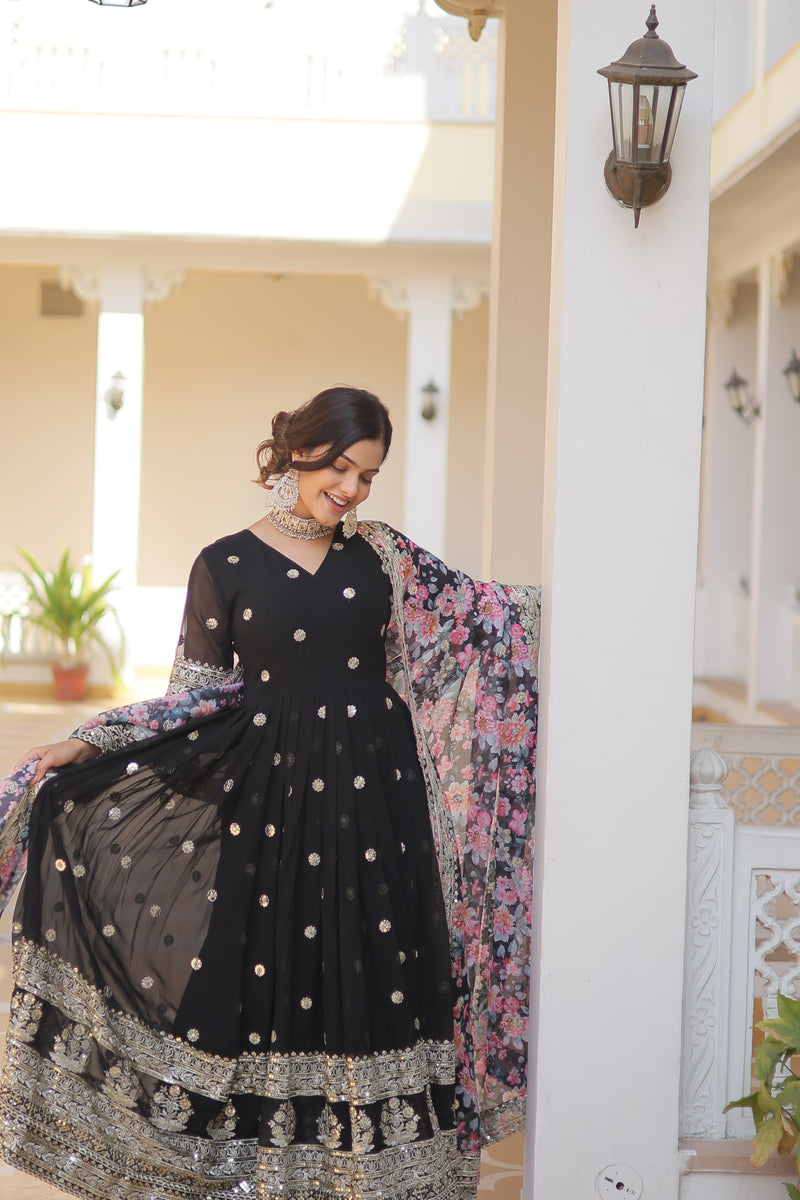 Premium Black Faux Georgette Designer Gown with Tabby Silk Dupatta