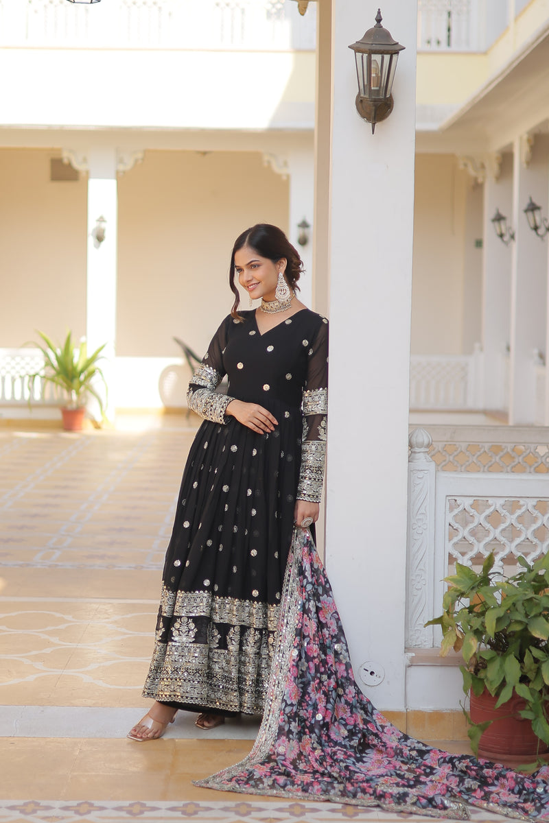 Premium Black Faux Georgette Designer Gown with Tabby Silk Dupatta