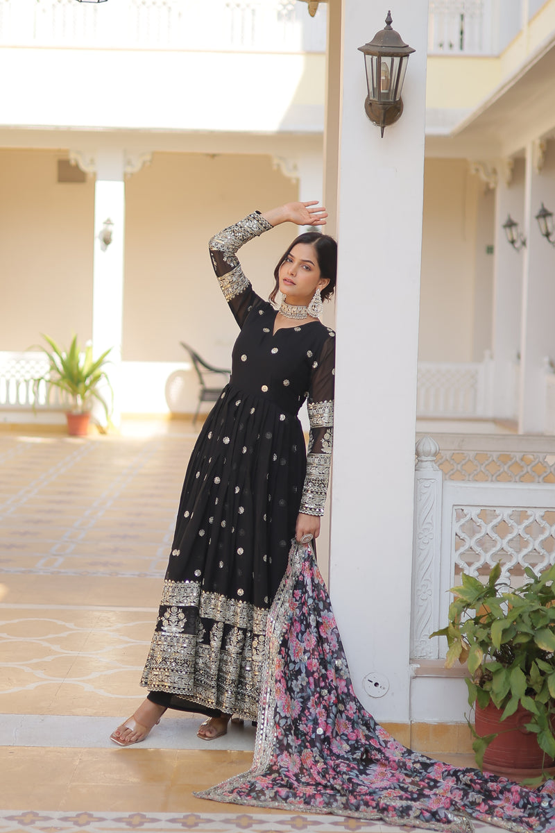 Premium Black Faux Georgette Designer Gown with Tabby Silk Dupatta