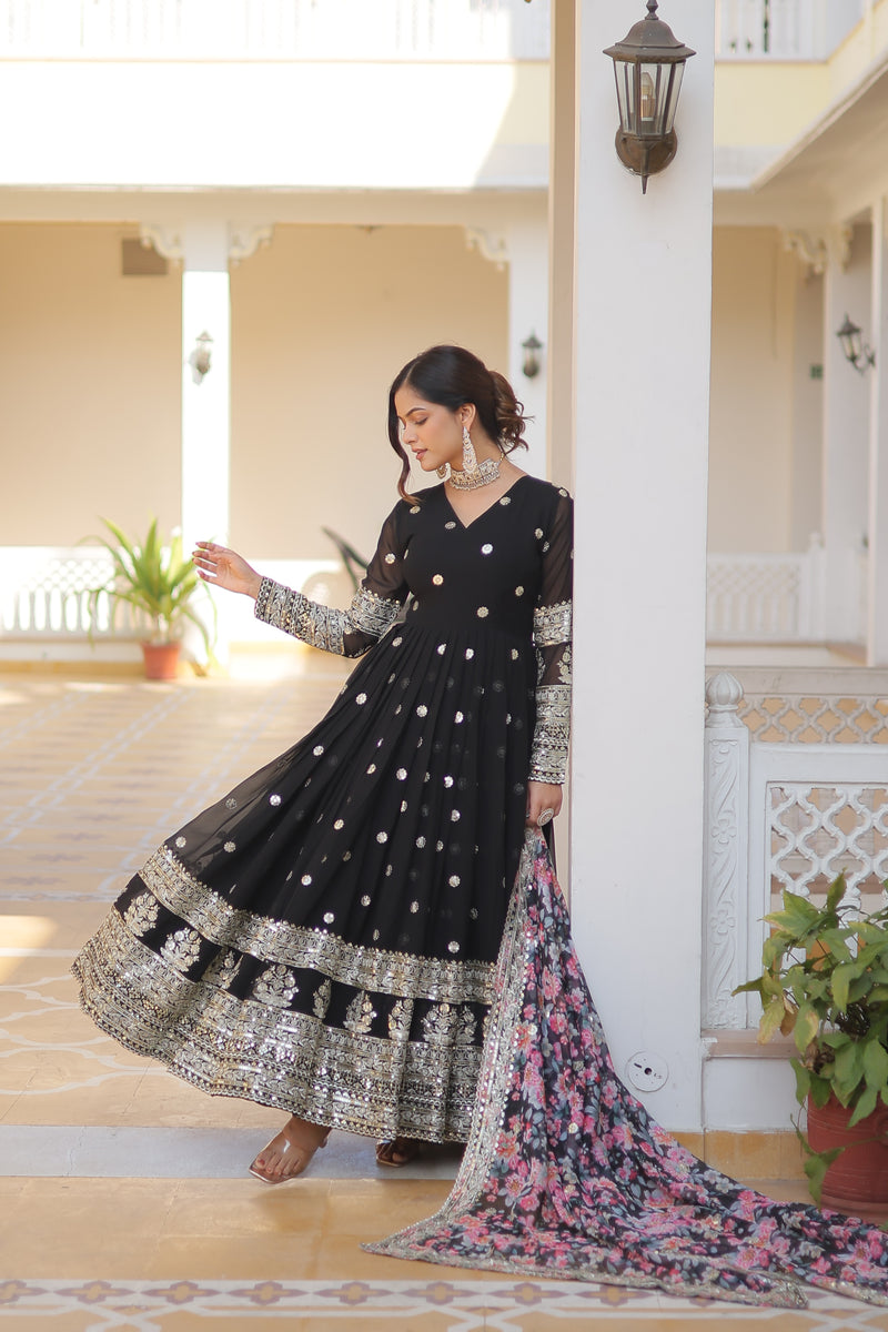 Premium Black Faux Georgette Designer Gown with Tabby Silk Dupatta