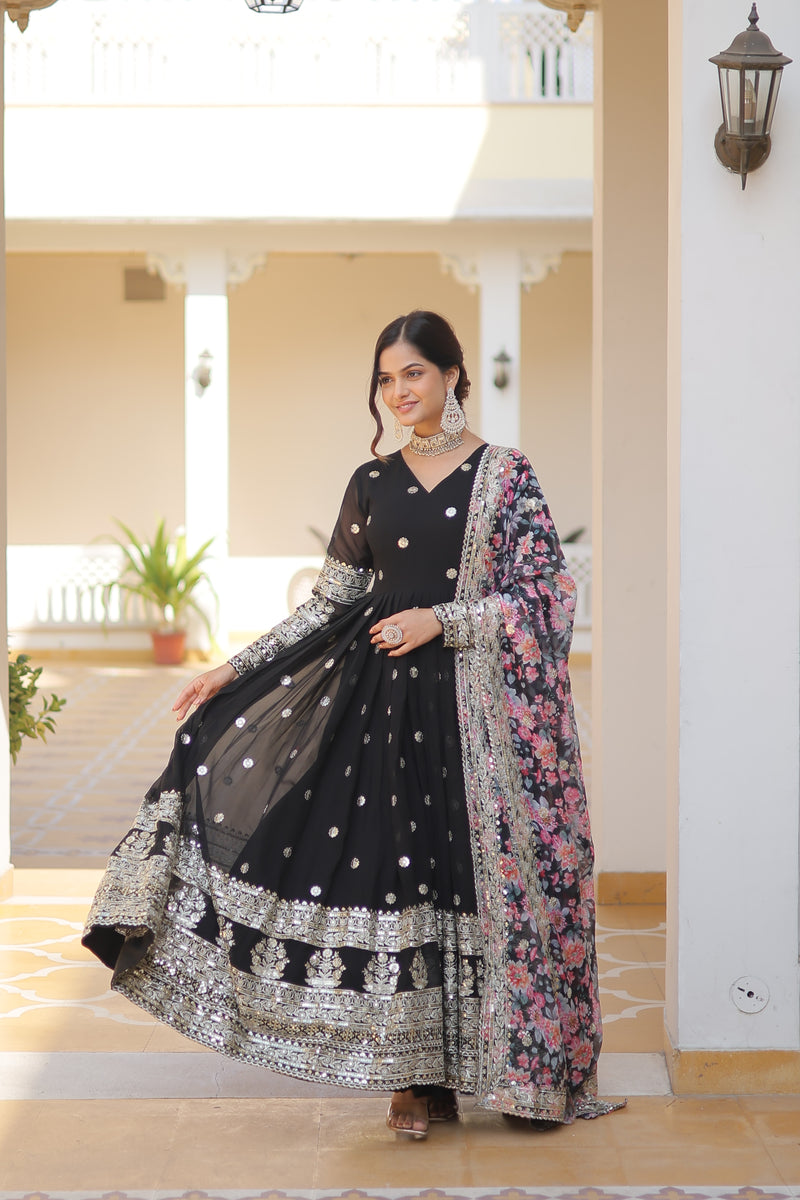 Premium Black Faux Georgette Designer Gown with Tabby Silk Dupatta