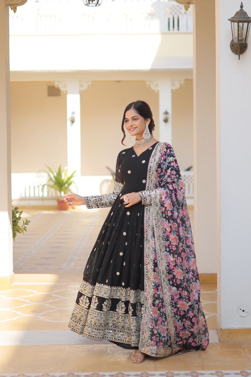 Premium Black Faux Georgette Designer Gown with Tabby Silk Dupatta