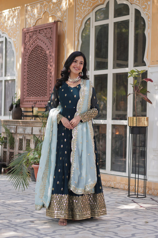 Premium Embroidered Gown with Tabby Silk Dupatta – Designer Elegance