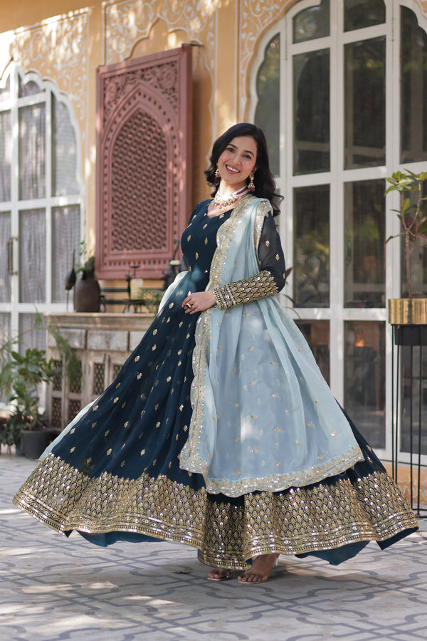 Premium Embroidered Gown with Tabby Silk Dupatta – Designer Elegance