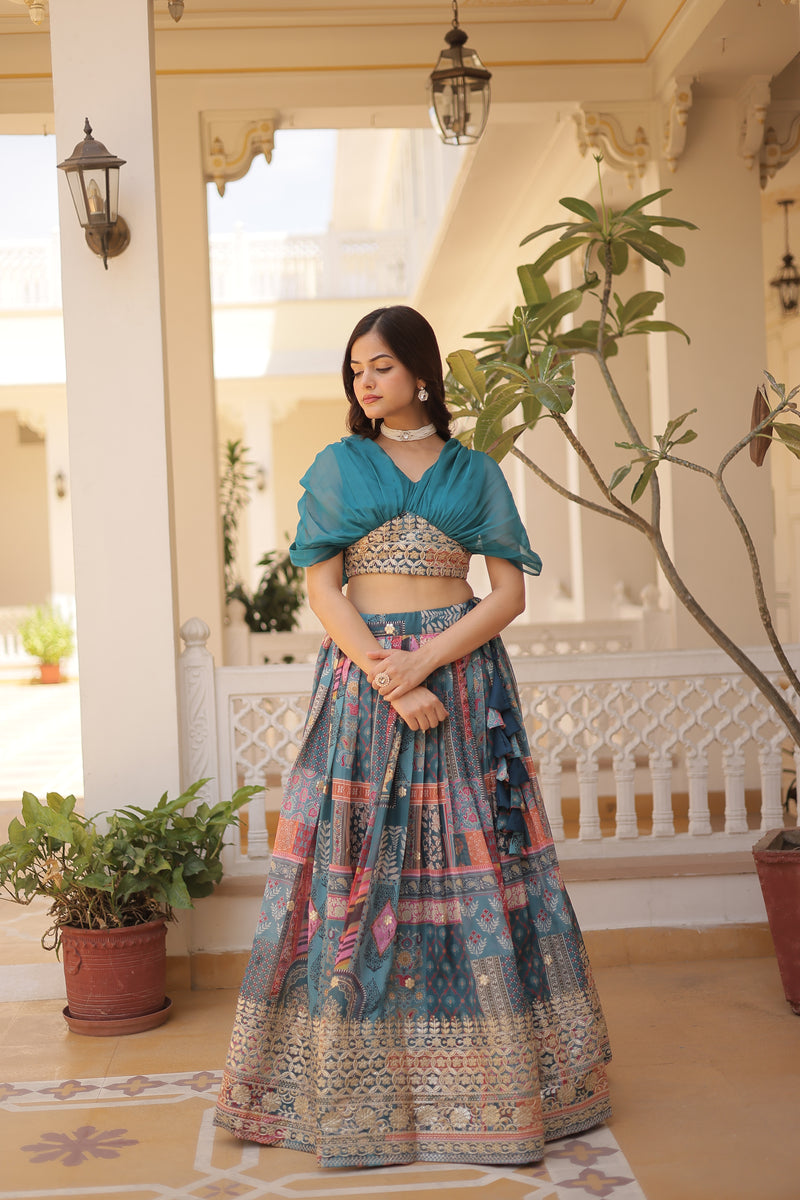 Premium Designer Russian Silk Lehenga Choli – Rich Digital Print & Foil Embroidery – Available in Rama