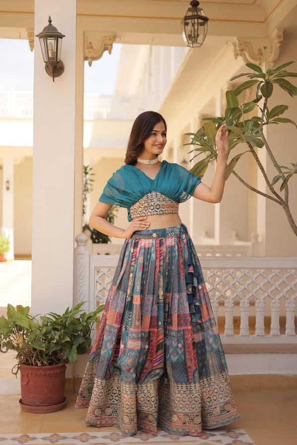 Premium Designer Russian Silk Lehenga Choli – Rich Digital Print & Foil Embroidery – Available in Rama