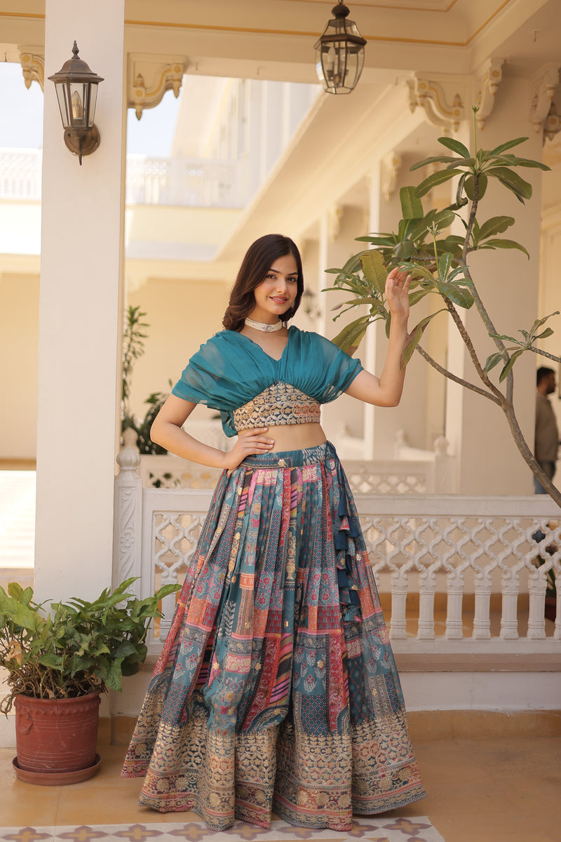 Premium Designer Russian Silk Lehenga Choli – Rich Digital Print & Foil Embroidery – Available in Rama