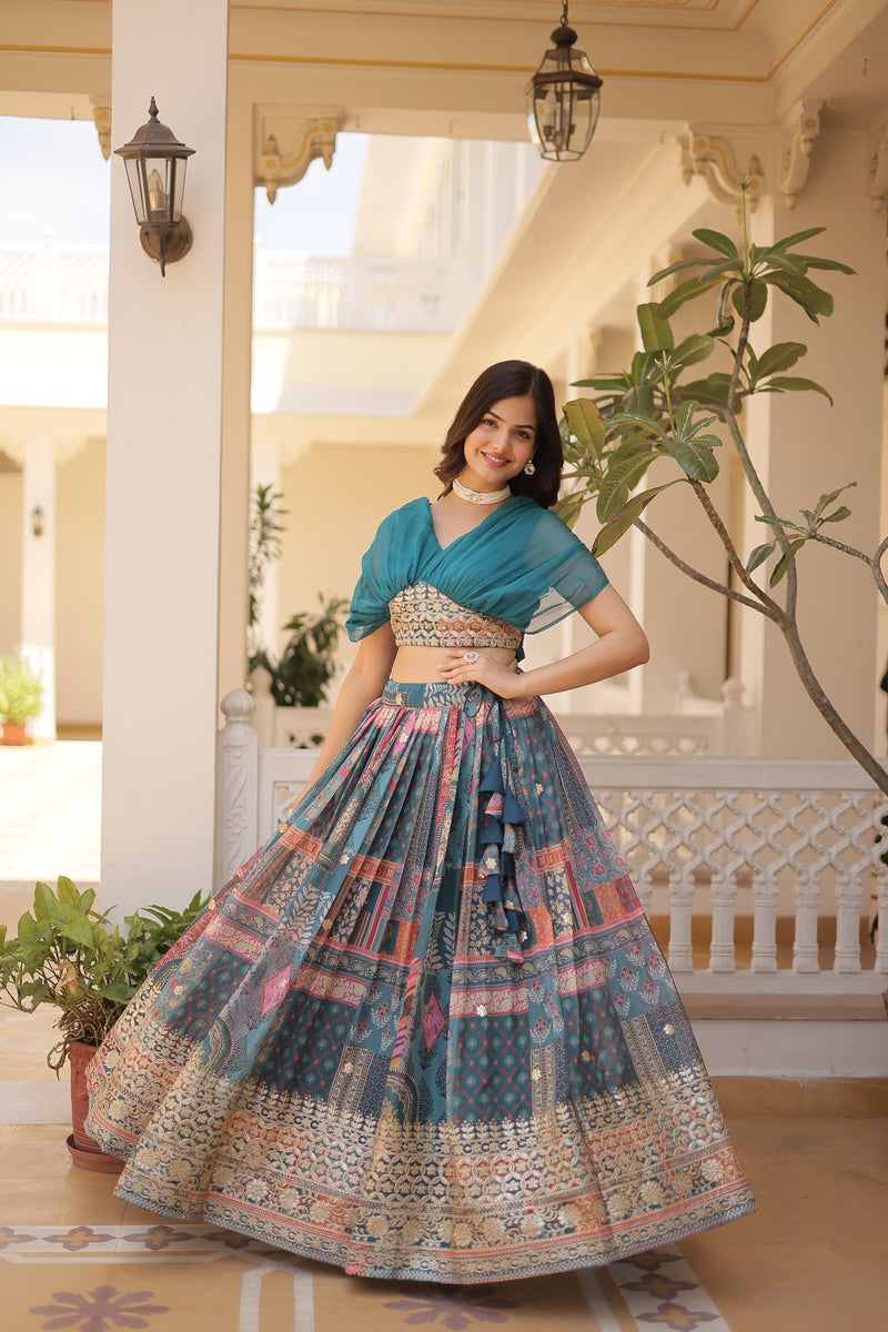 Premium Designer Russian Silk Lehenga Choli – Rich Digital Print & Foil Embroidery – Available in Rama