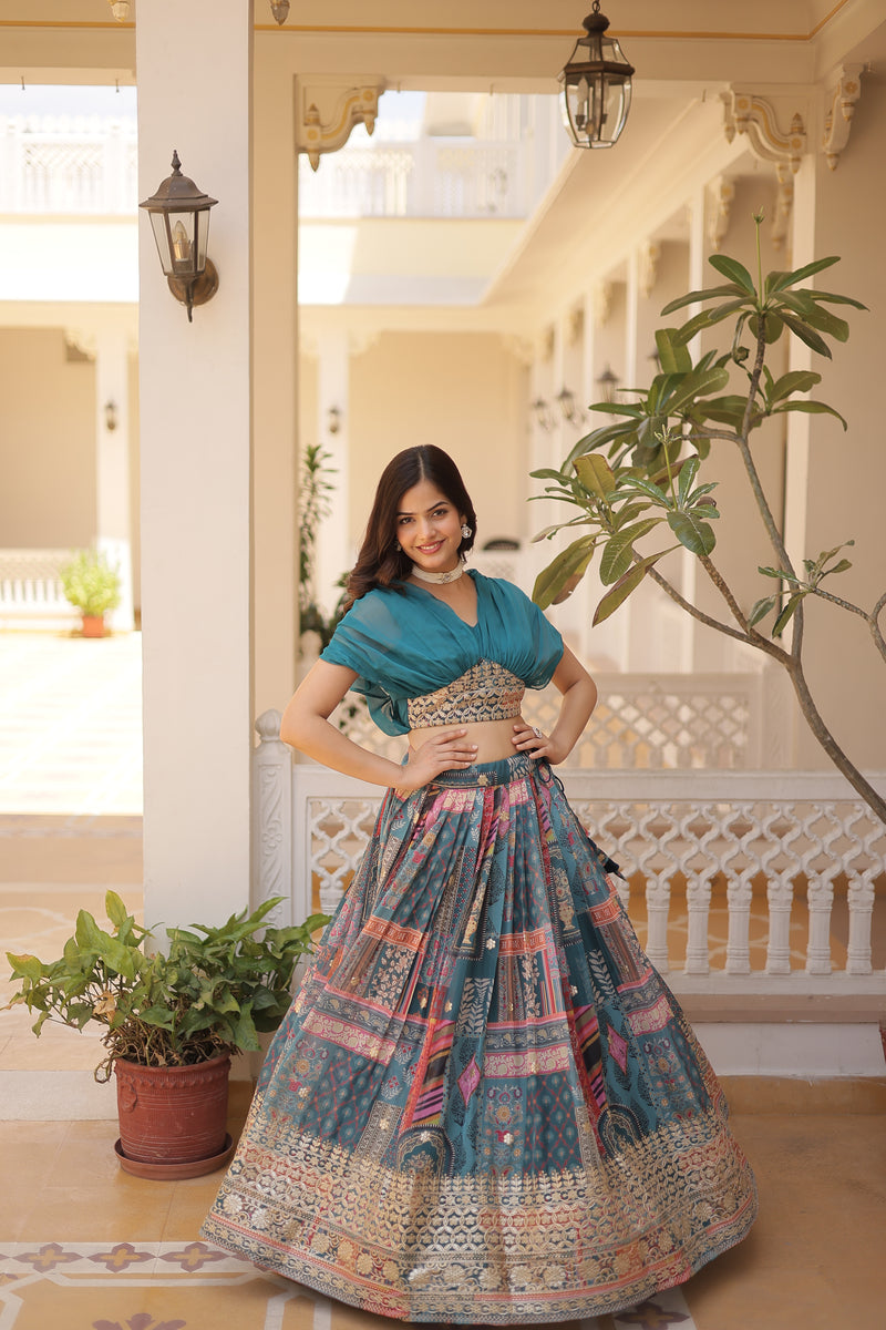 Premium Designer Russian Silk Lehenga Choli – Rich Digital Print & Foil Embroidery – Available in Rama