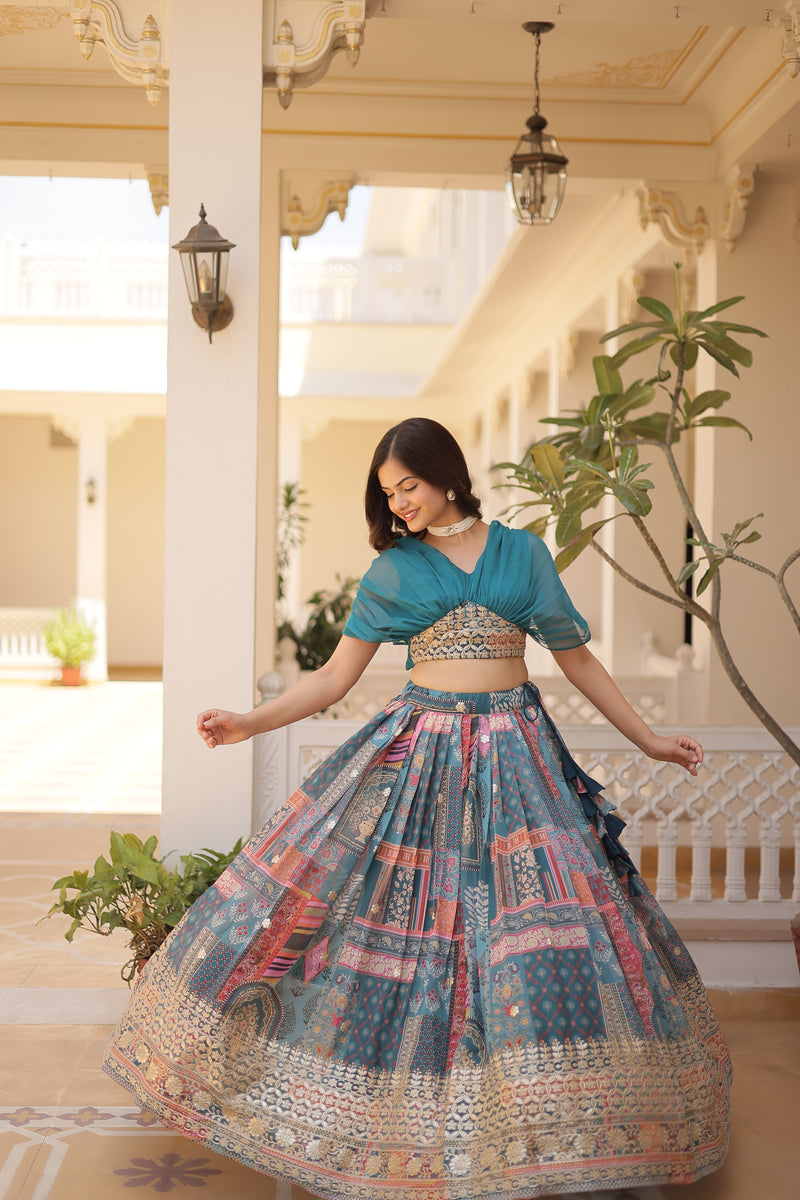 Premium Designer Russian Silk Lehenga Choli – Rich Digital Print & Foil Embroidery – Available in Rama