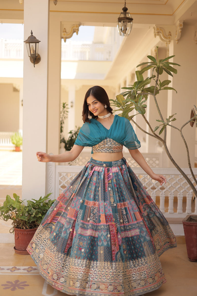 Premium Designer Russian Silk Lehenga Choli – Rich Digital Print & Foil Embroidery – Available in Rama